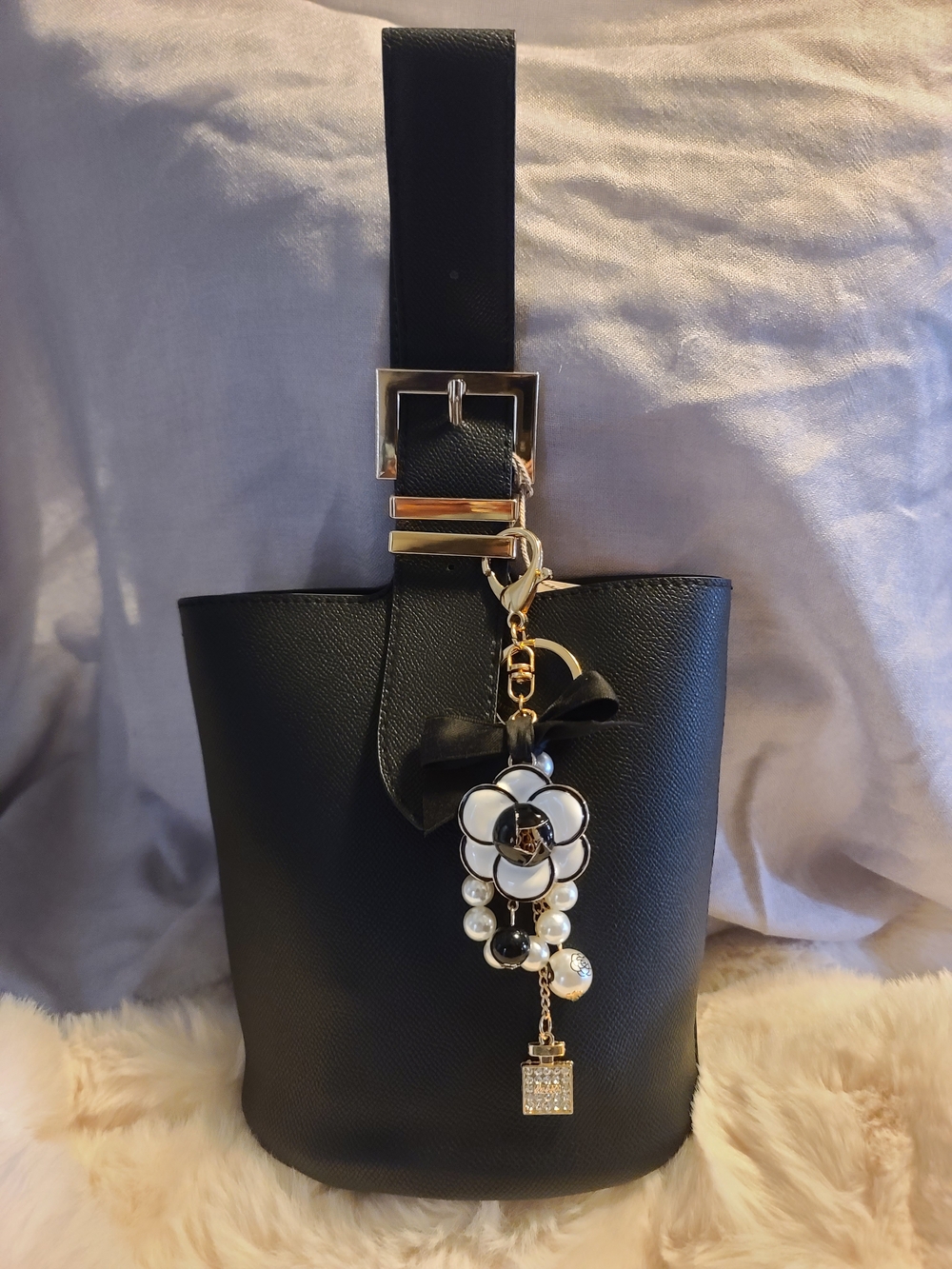 a new day Black Bucket Shoulder Bag with Gold Buckle